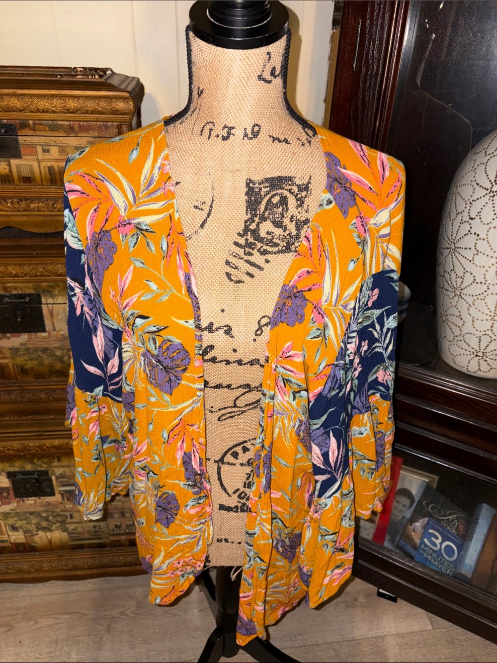 Do everything in love Mustard & Navy Floral Open-Front Tunic